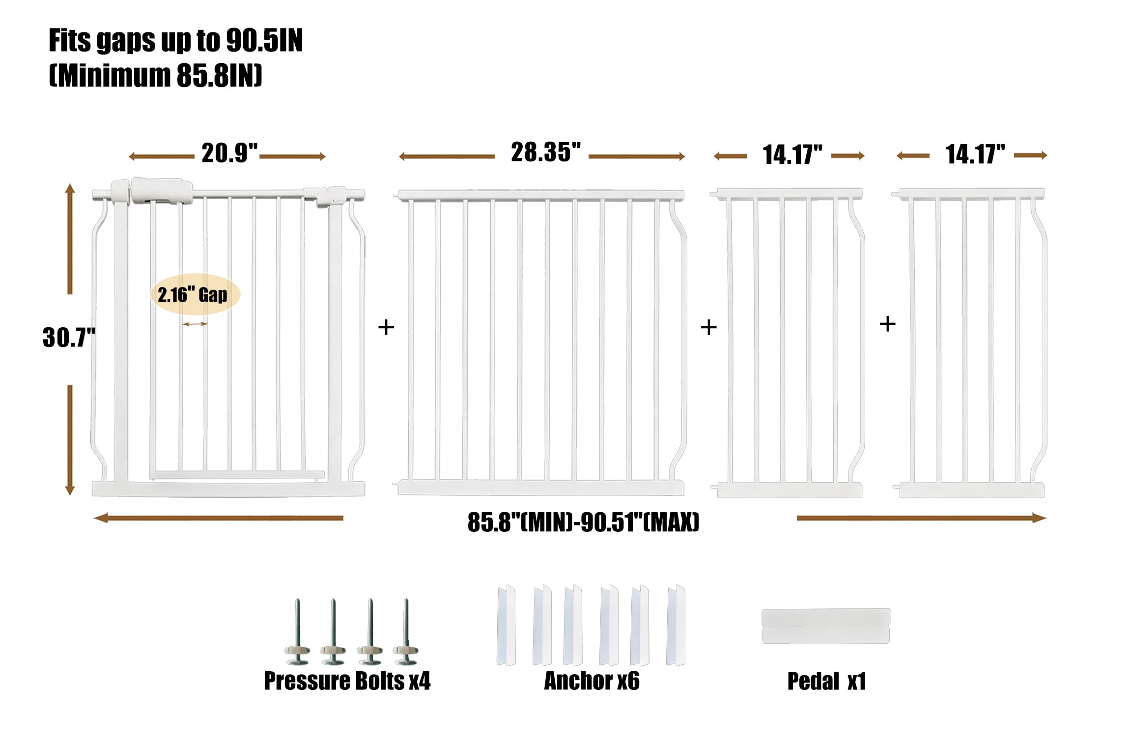 Puerta extra ancha para bebés de 85.8 a 90.5 pulgadas, montada a presión, sin taladrar, para escaleras y puertas, puerta de seguridad interior de metal blanco para niños y perros