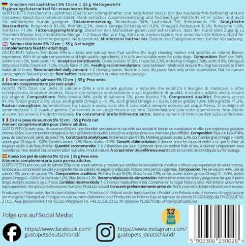 GUSTO PETS Kauknochen für Hund mit Lachs-Haut 12 cm - 100% Natürlicher Hundesnack aus Rinderhaut & Lachs, Ergänzungsfuttermittel, reich an Protein & Omega-3-Fettsäuren, Hergestellt in der EU