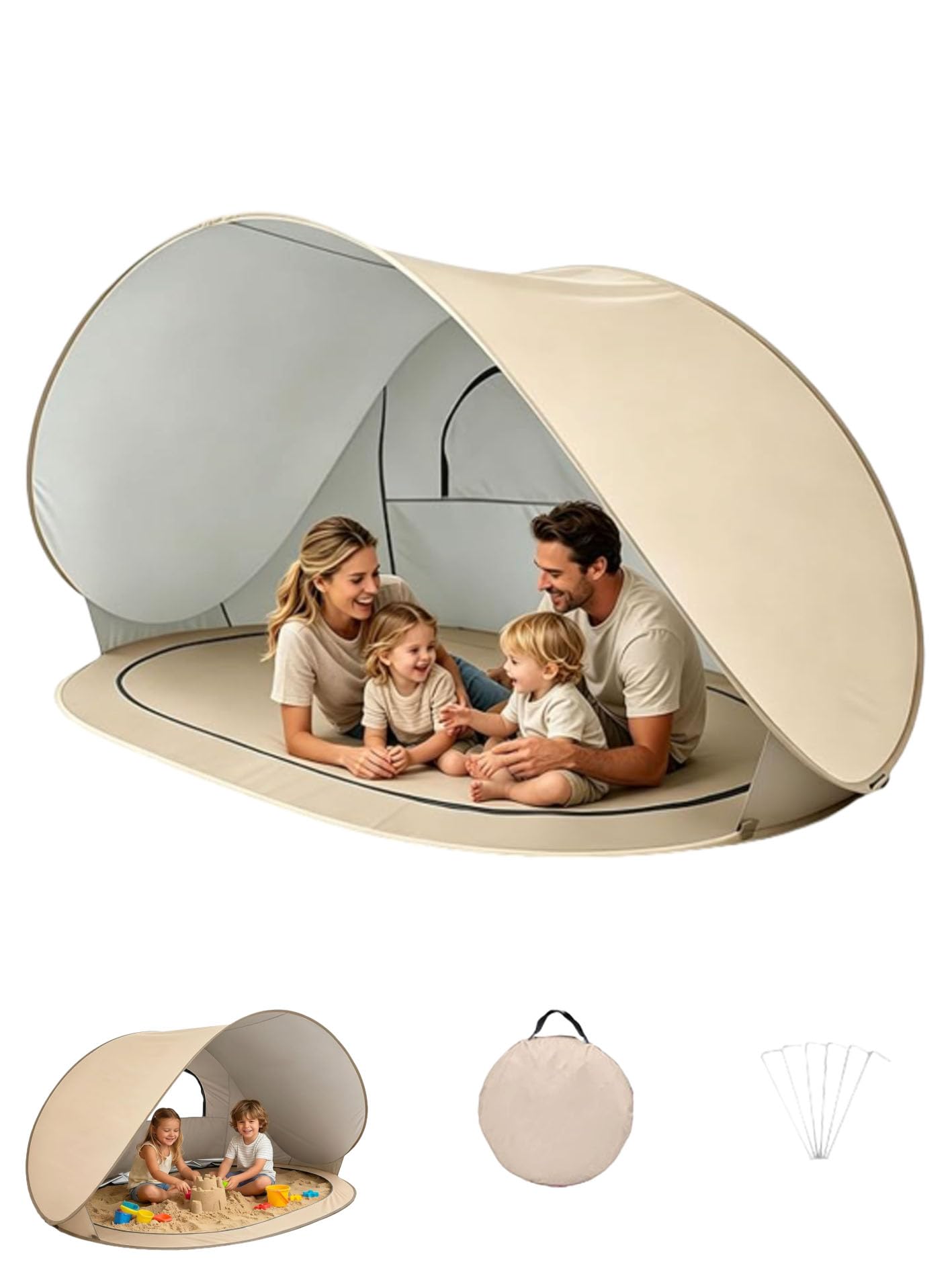 Tente de Plage Pop Up 3-4 Personnes, Abri de Plage UPF 50+ avec Tapis de Sol Amovible, Tente Pare-Soleil Portable pour Camping, Pique-Nique, Jardin et Extérieur (Beige)
