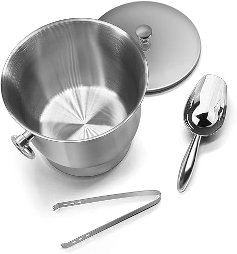 Miniatura 2 de Cubo de hielo aislado  Cubo de hielo de acero inoxidable de doble pared con pinzas para hielo, cuchara, tapa y exclusivo soporte de nailon hecho a