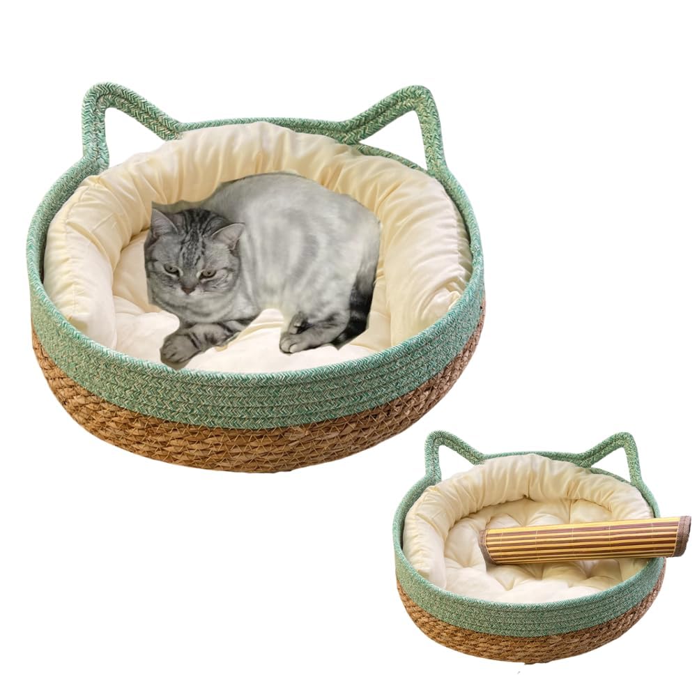 Cat Basket Bed - Large Round Rattan Woven Beds for Indoor Cats and Small Dogs with Soft Cotton Cushion Bucket Nest for Your Pet to Cuddle, Cute Circle