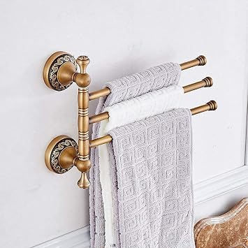 Leyden Swivel Towel Bar, Antique Brass 3 Arm Swing Towel Rack Towel Rotated Bar Holder Brass Wal