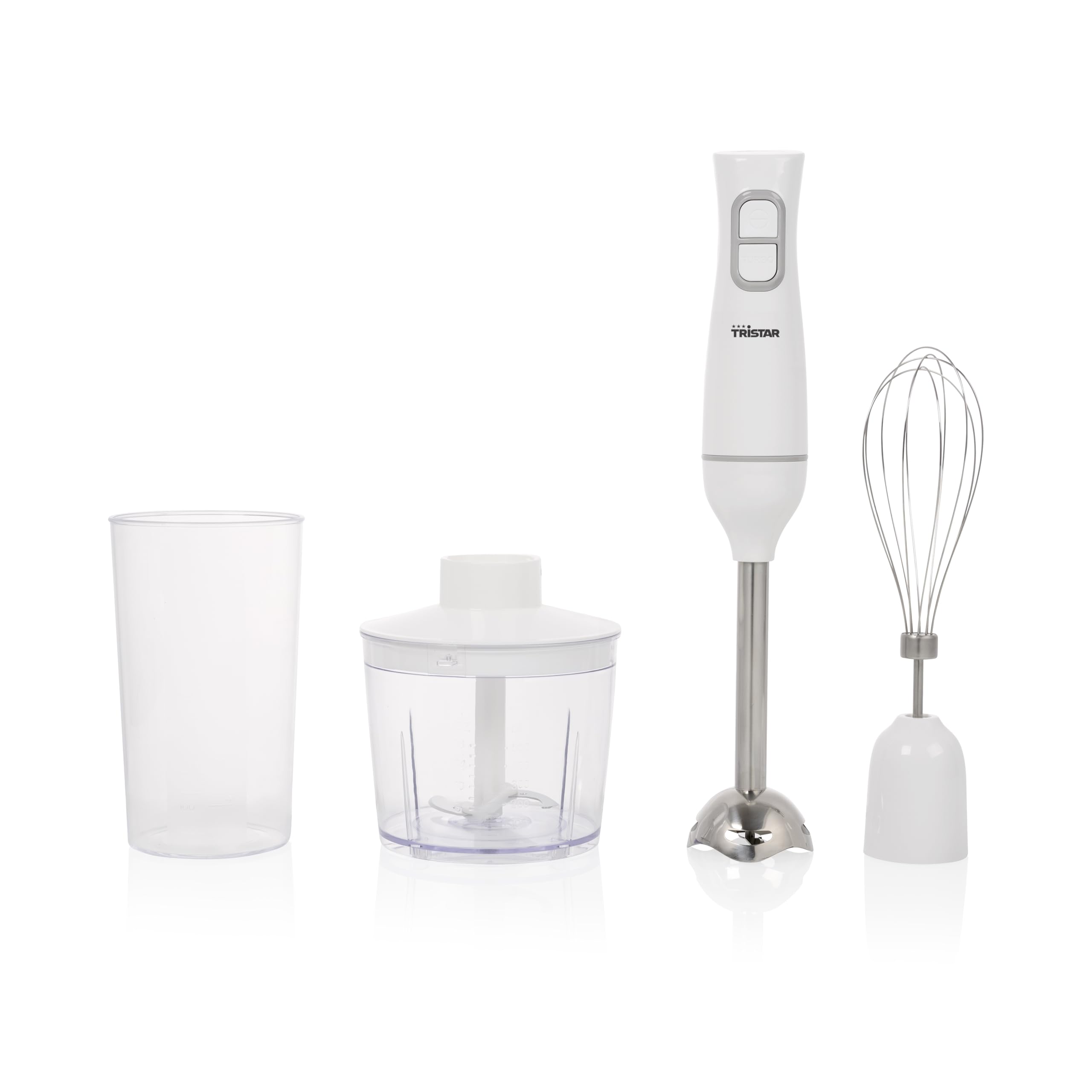 Tristar Set Frullatore a Immersione, parti lavabili in lavastoviglie, inclusi Frullatore manuale in acciaio inox rimovibile, frusta, tritatutto, bicchiere graduato, 350 W, MX-4881