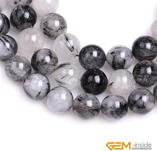 Miniatura 4 de GEM-Inside - Cuentas sueltas de cuarzo rutilado negro natural de 0.551 pulgadas (0.551 in), piedra energética de cristal liso para hacer joyas, 15