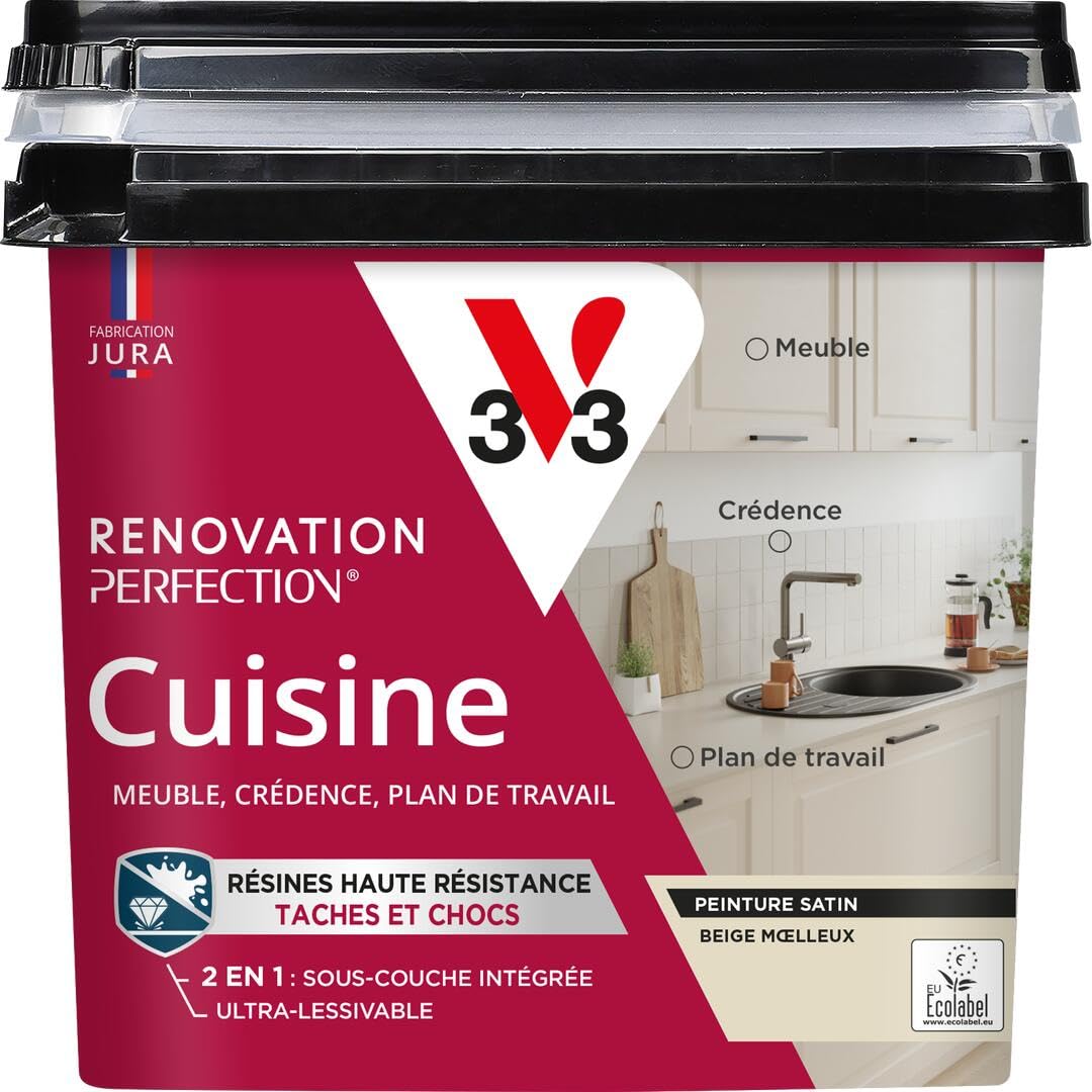 V33 Peinture Cuisine - Rénovation Perfection® - Haute Résistance taches et Chocs - Ultra-​Lessivable - Meuble - Crédence - Plan de travail - Beige Moelleux satin - 750ml