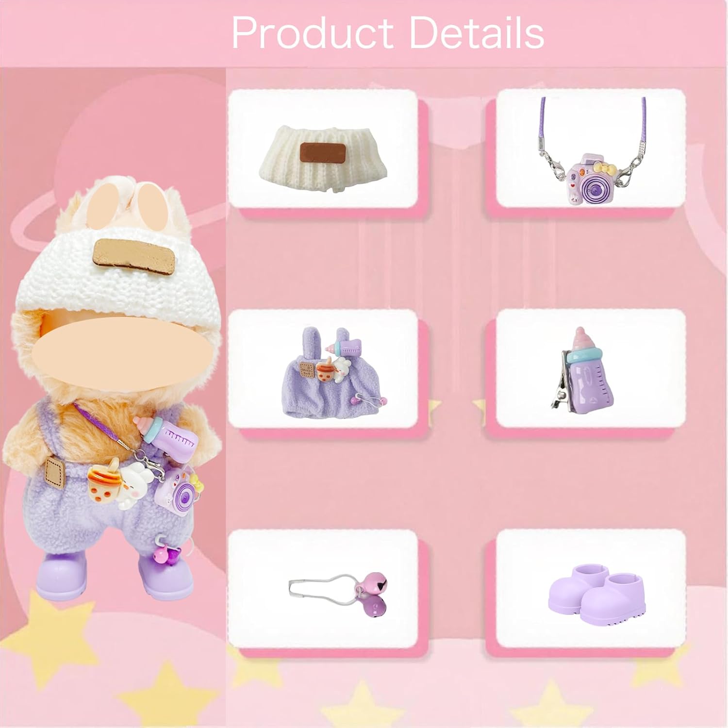17cm Doll Clothes – 5 Colors Kawaii Chic Style Set Outfit with Accessories: 5 Hats + 5 Overalls + 4 Camera + 4 Pairs Shoes, Cute and Premium Dolls Costume for 5.9-6.7in.Doll, Gift for Women