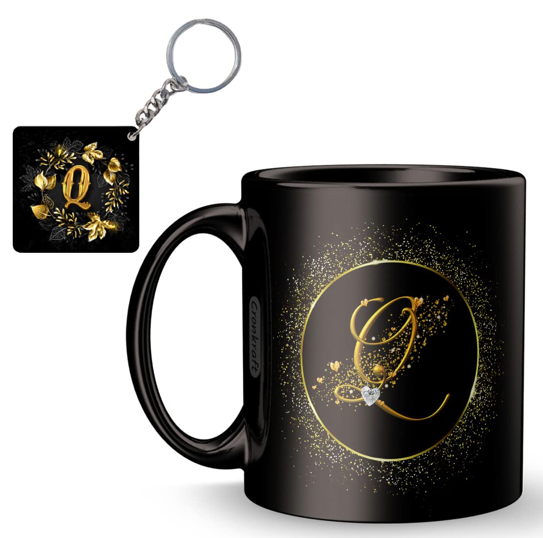 Cronkraft Golden Frame with Q Alphabet Letter Printed Ceramic Mug + Keychain,Gift for Love,Birthday,Wife, Husband, Girlfriend Boyfriend,Kids,Brother,Sister on Birthday (Q Alphabet)