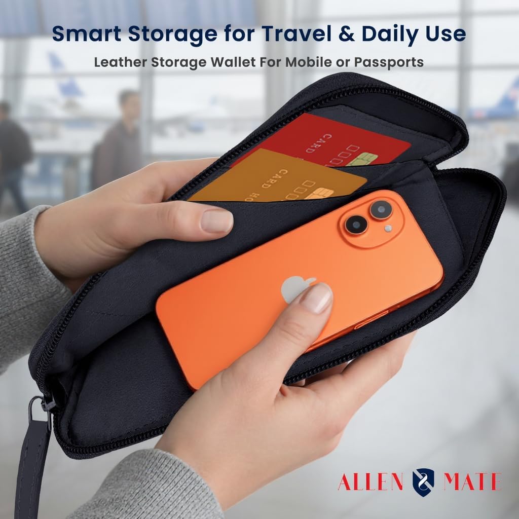 ALLEN & MATE Genuine Leather iPhone Pouch with Zip – Slim Mobile Phone Sleeve Cell Phone Pouch for iPhone 17 Pro Max, 16, 15, Google Pixel 10, Samsung Galaxy S25 & Android Smartphones Black