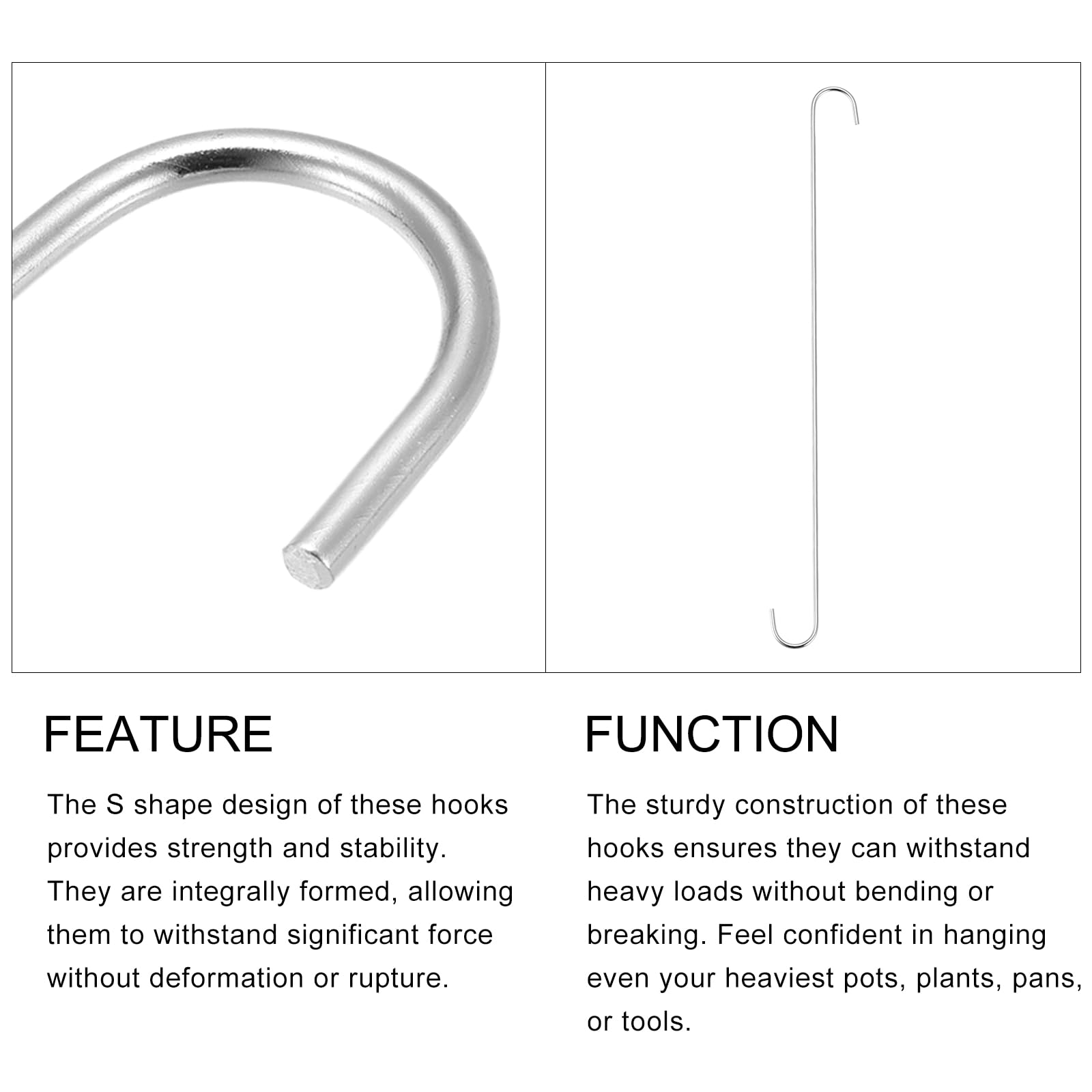 METALLIXITY Lot de 4 crochets en S pour suspension (500 mm/20) en acier au carbone extra longs en forme de S – pour plantes, jardin, ustensiles de cuisine, ton argenté