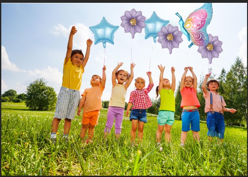 Image of 5 Pcs Butterfly Foil Balloons Blue Suit With Butterfly Flower Pentagram Themed Birthday Party Baby Showers Decorations Supplies