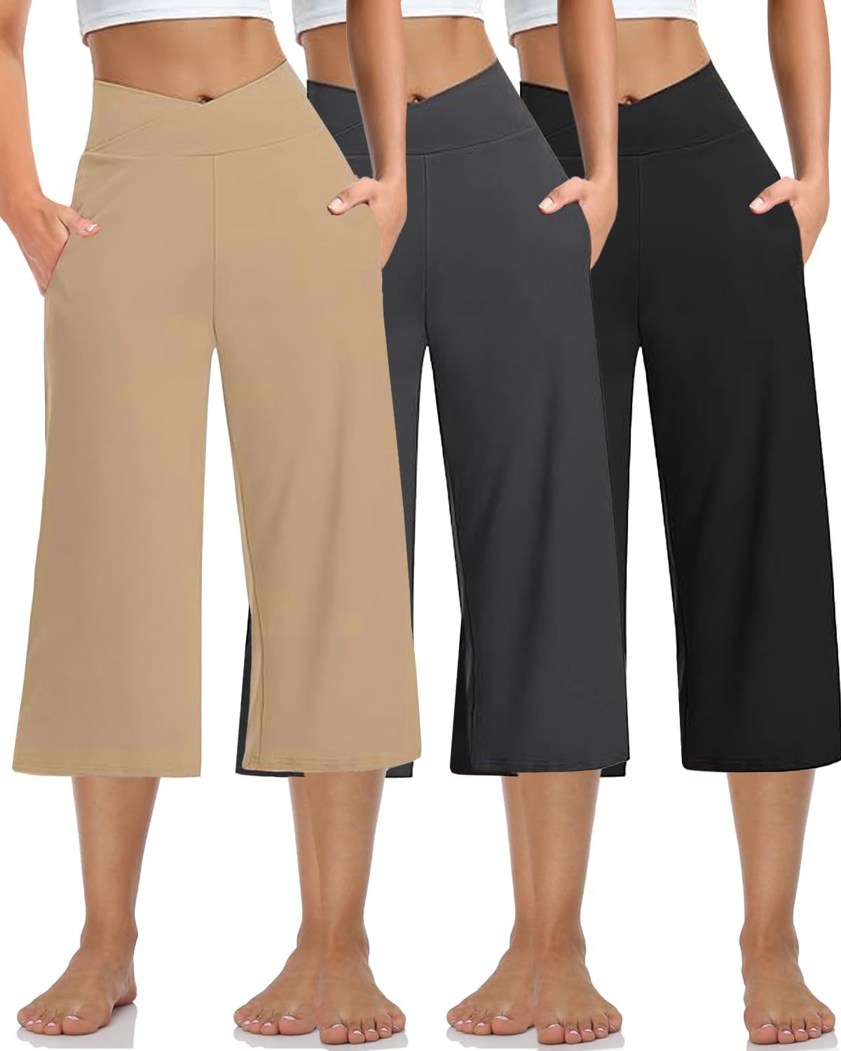 XFIFM 3 Pack Women's Wide Leg Yoga Pants Crossover High Waist Casual Capri Pants Loose Soft Pajama Pocket Sweatpants