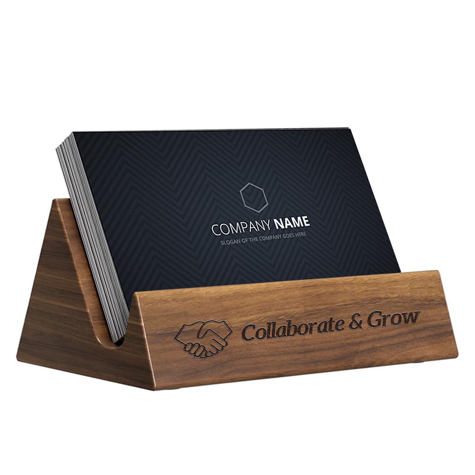 HJX Personalized Business Card Holder Desk - Wood Business Card Case Holder,Engraved Collaborate & Grow Business Card Display Gifts for Men Women (