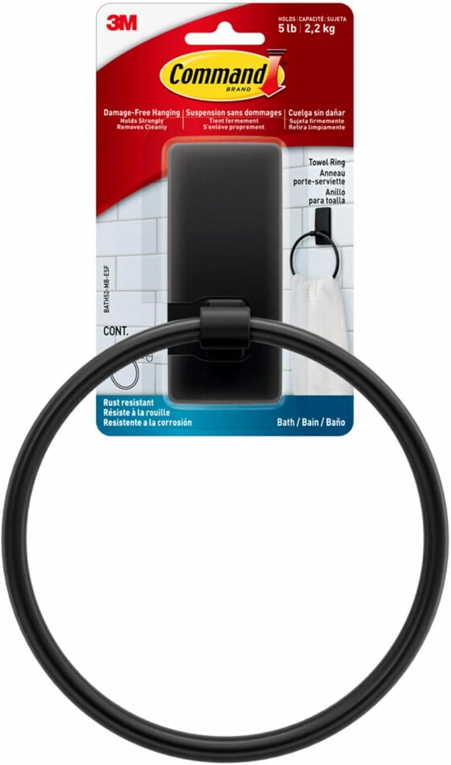 Command Hand Towel Holder Matte Black with Water Resistant Command Strips, Rust Resistant Bathroom Organizer, Holds up to 5 lbs, 1 Ring Matte Black 1 Ring