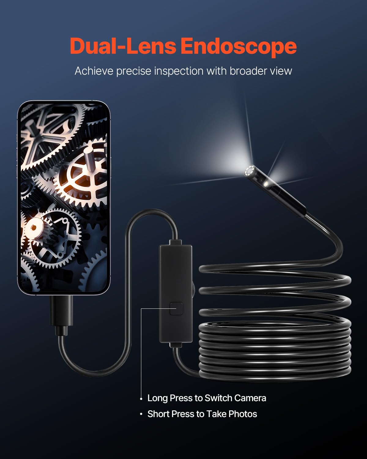 VEVOR Kamera endoskopowa, dwuobiektywowy boroskop, do systemów Android i iOS, HD 1920P, z 8 diodami LED + 1, Zoom 2X, elastyczny przewód 5 m, wodoszczelny IP67, do instalacji wodno-kanalizacyjnych
