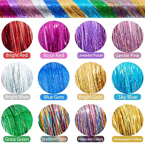 Hair Tinsel, Hair Tinsel Kit with Tools, Tinsel Hair Extensions, 12 Colors 3200 Strands Glitter Hair Tinsel Heat Resistant 46 Inch Fairy Hair