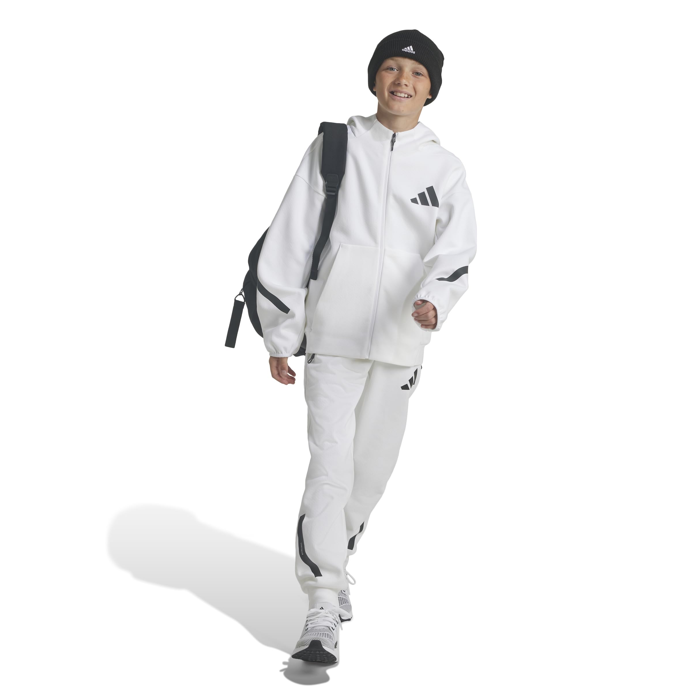 adidas Z.n.e. Felpa con cappuccio e zip intera, per bambini, bianco/nero, L, bianco/nero, L