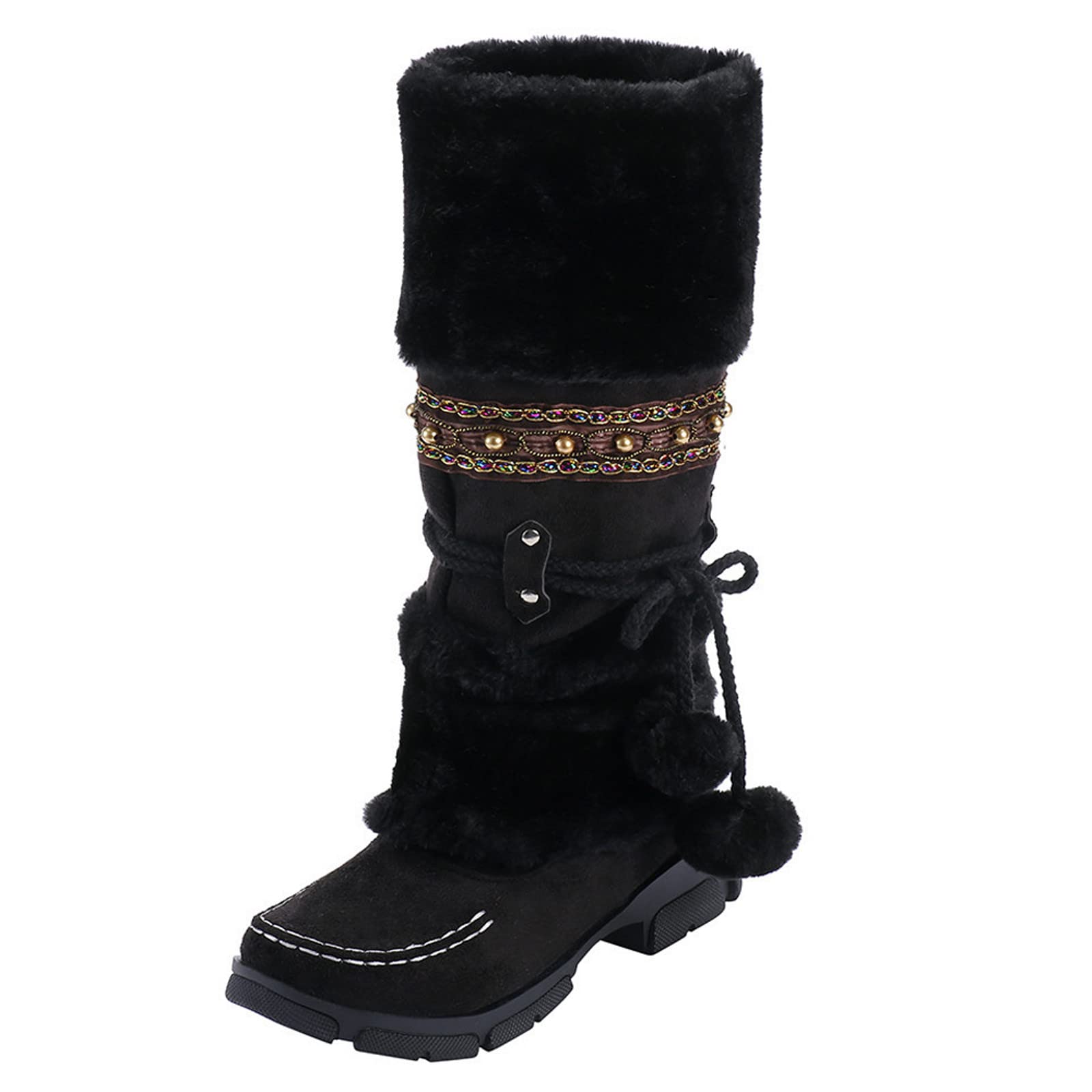 Knee High Boots Women Winter Lace up Pompoms Mid Calf Boot Anti-Slip Furry Side Zipper Snow Boot Fur