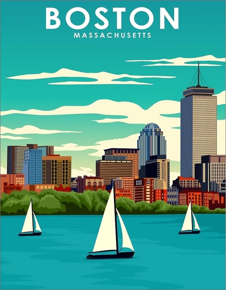 Boston Massachusetts Vintage Travel Fridge Magnet | City Skyline Design, Sailboat Scene-image-32