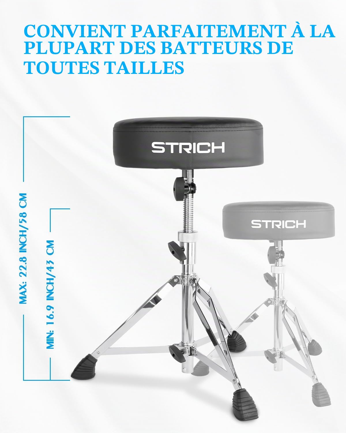 STRICH SDB-20 Siège de trône de batterie rembourré réglable en hauteur pour guitare avec baguettes 5 A