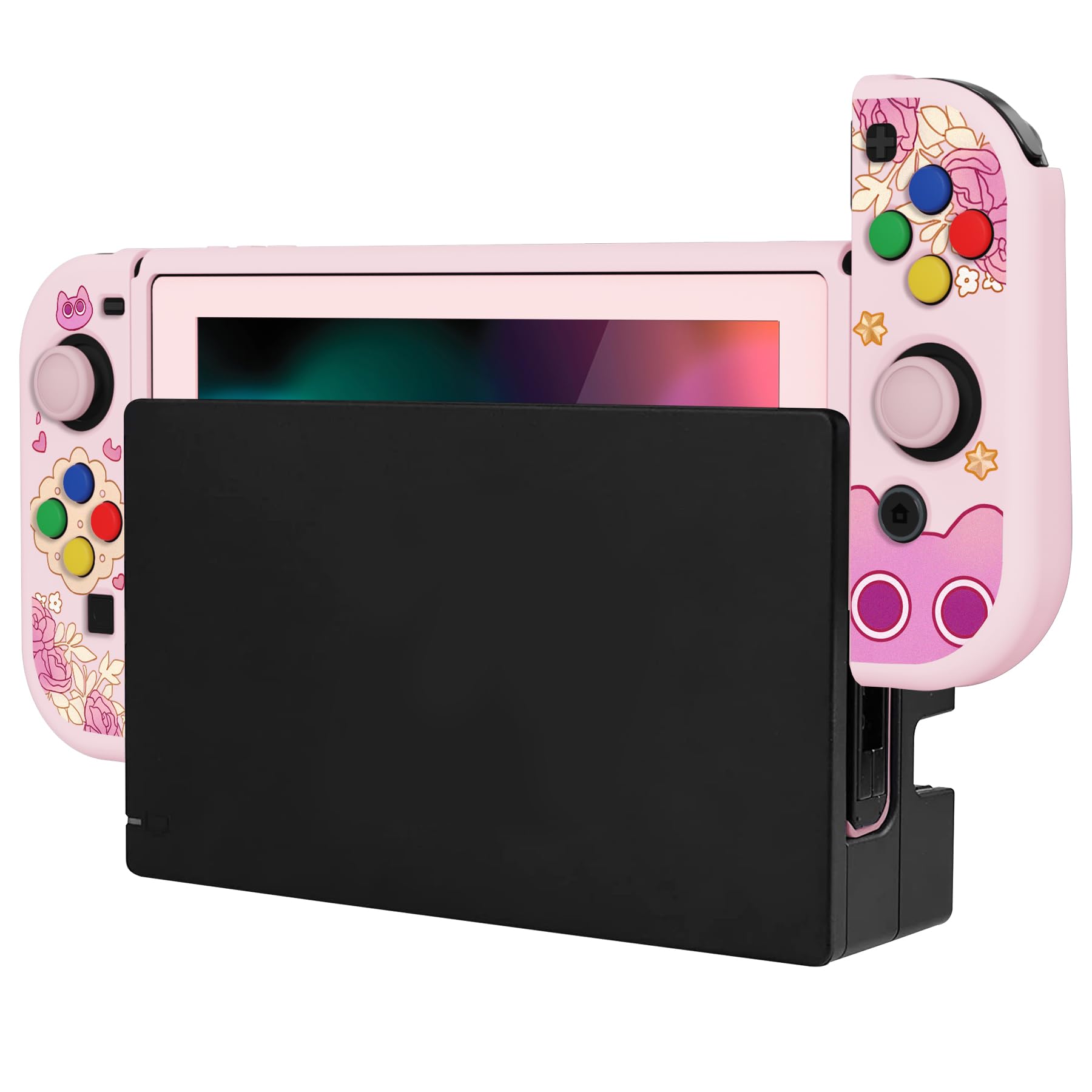 playvital Cover Custodia per Nintendo Switch,Copertura TPU Pellicola Vetro Temperato Protezione Copri Analogici Accessori per Joycon Console-ZealProtect-PP & Pink