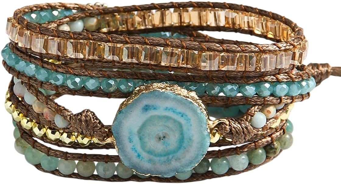 New 2026 New Bohemian Ethnic Style Women Jewelry 5 Strands Natural Stone Crystal Glass Handmade Wrap Bracelet Trendy Jewelry Fashion Festival