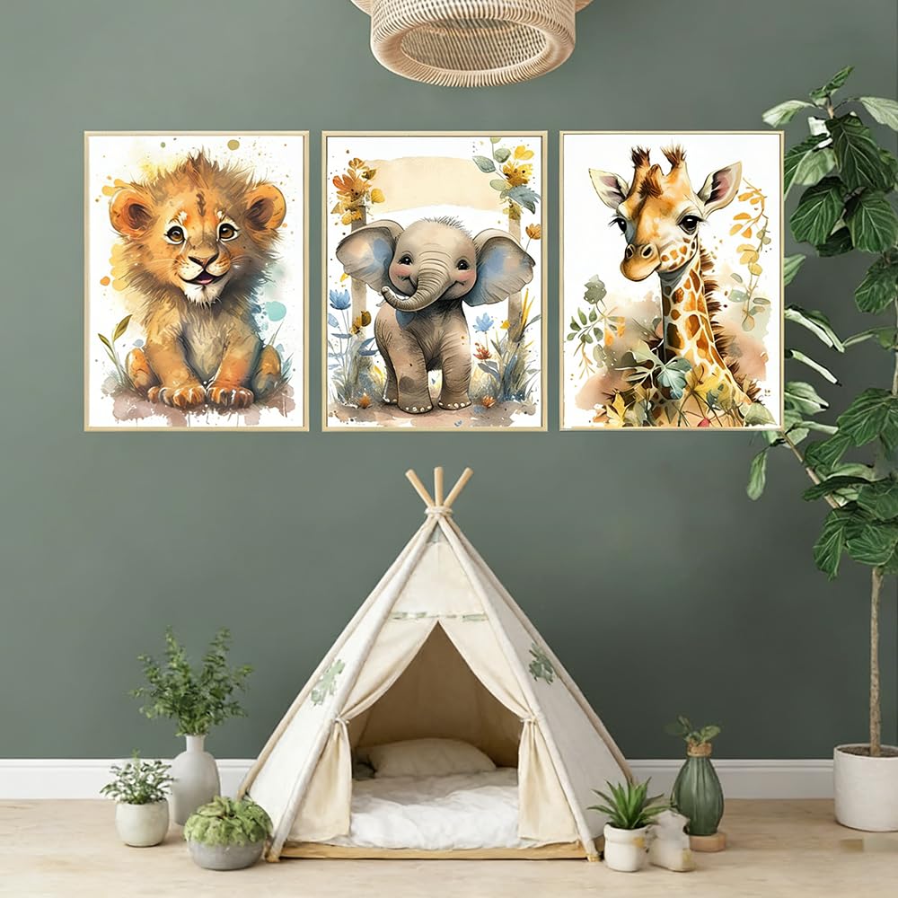 BeiYiHo 3 Affiche Animaux Chambre Bebe Tableau Jungle Chambre Enfant Savane Decoration Murale Garçon Beige 40X50 Poster Elephant Lion Girafe Deco sans Cadre (BYCH074-40x50)