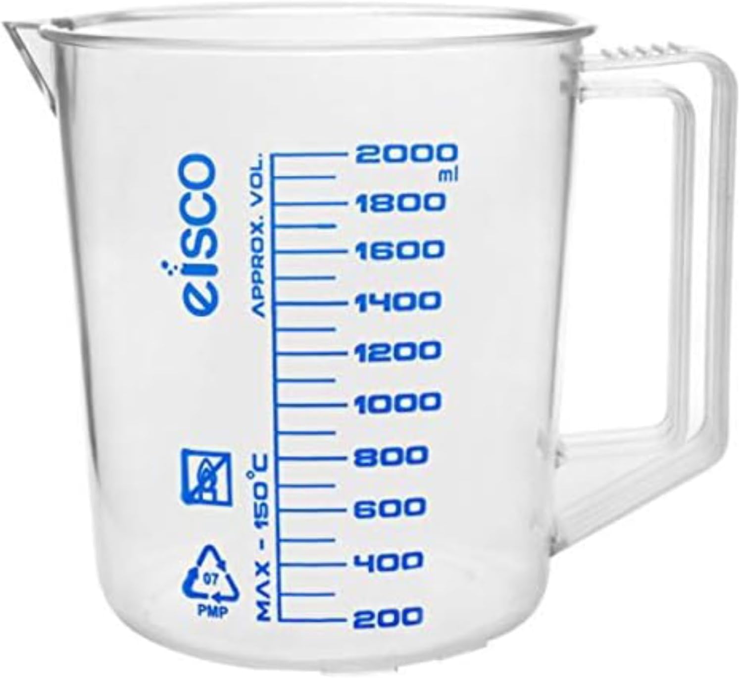 EISCO Measuring Jug, 2000ml - TPX Plastic - Printed Graduations - Chemical Resistant, Autoclavable - Short Form - Handle with Thumb Grip