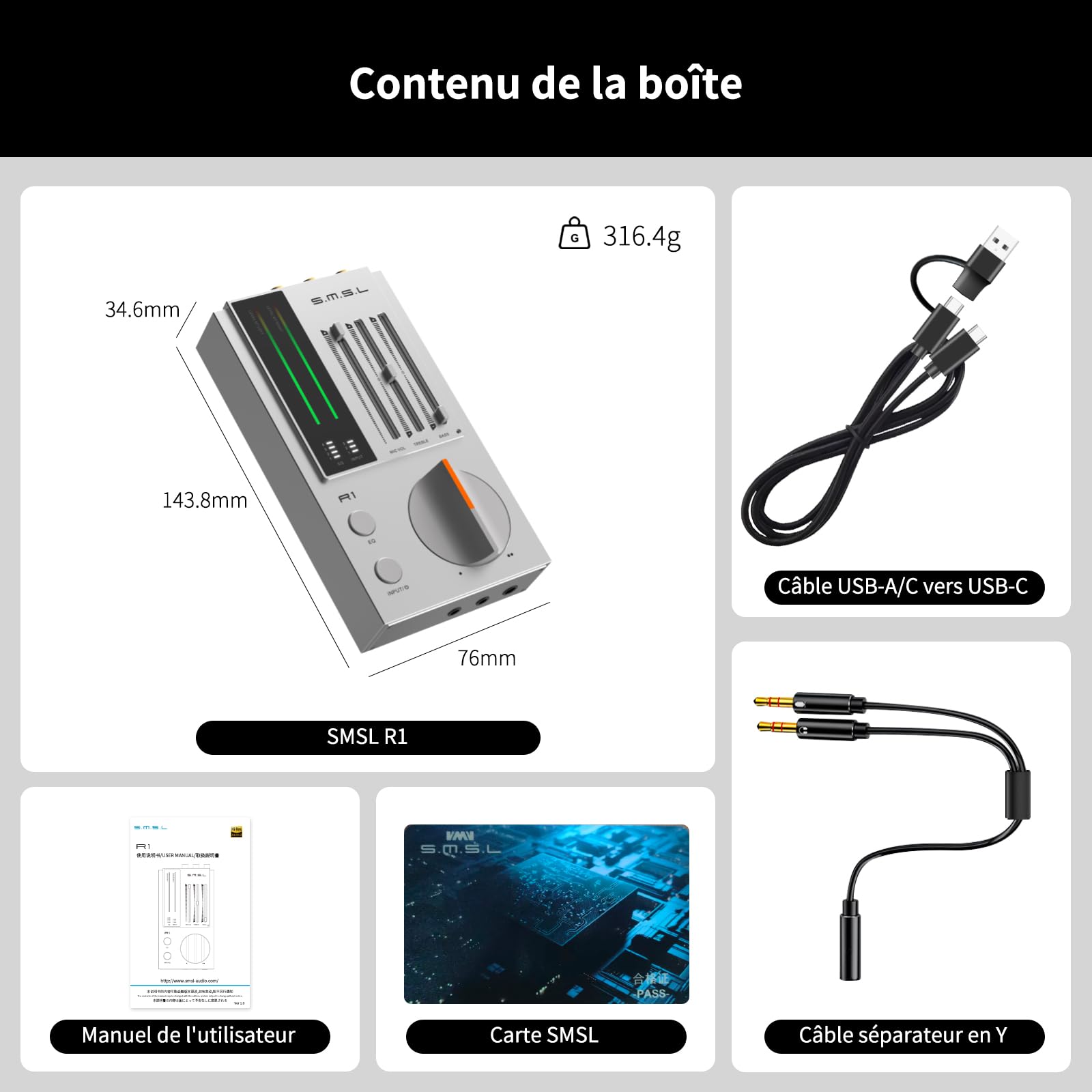 SMSL R1 DAC Amplificateur de Casque, DAC Amp de Bureau, Convertisseur Audio Numérique vers Analogique USB C pour Gaming PC PS5, Entrée Micro/USB/Optique/Coaxiale, Sortie 3,5mm/4,4mm/RCA, Argent