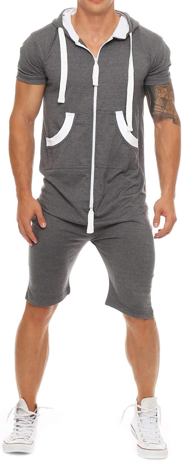 Mens Rompers Jumpsuits ShortSleeve One Piece Drawstring Hooded Tracksuits Casual Coverall Playsuits with Pockets