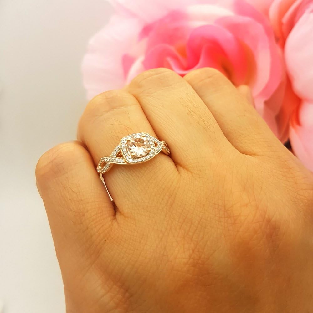 Dazzlingrock Collection 6mm Round Morganite & White Diamond Swirl Split Shank Halo Engagement Ring for Women in 14K Solid Gold