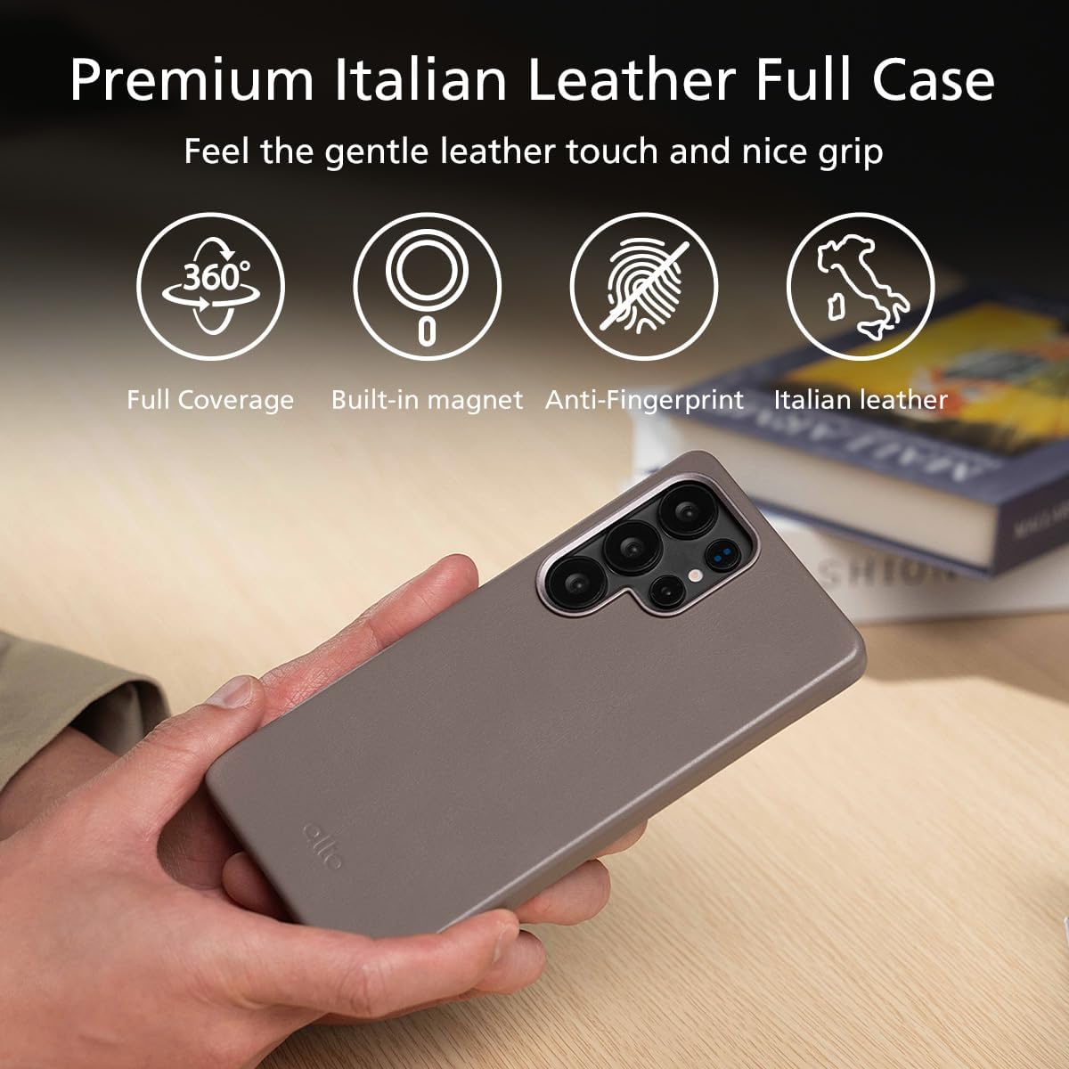 alto Magnetic Leather Case Compatible with Samsung Galaxy S25 Ultra and MagSafe, CLOP Series Drop Protective Italian Leather Cover (S25 Ultra, Cement Gray, 6.9 inch, 2025)