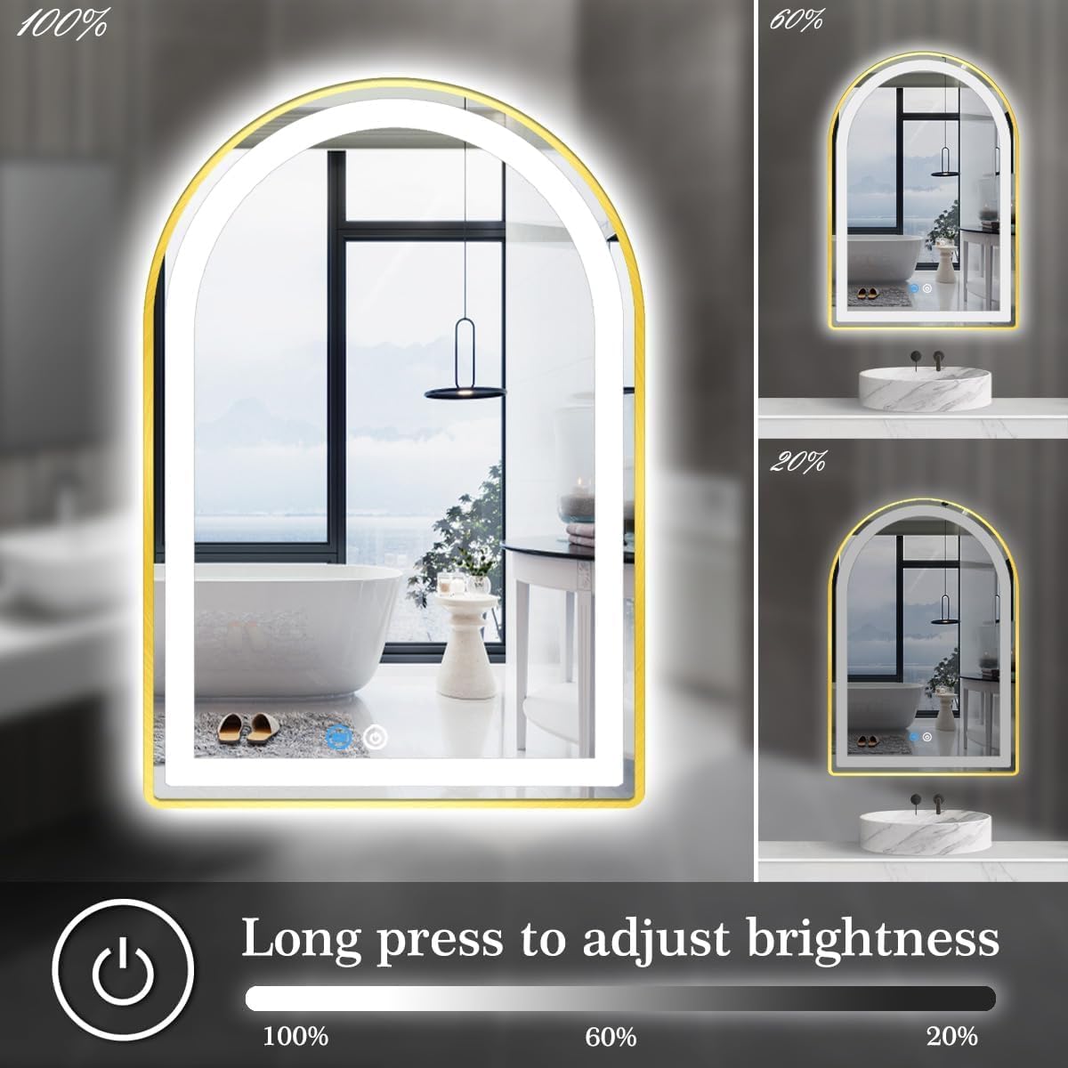 24 x 32 Inch Gold Arch LED Lighted Vanity Mirror for Bathroom Wall Makeup Desk Table Gold Arched Mirror with Lights AntiFog 3 Color Dimmable Bathroom 32in Gold Arched Smart Light up Mirror