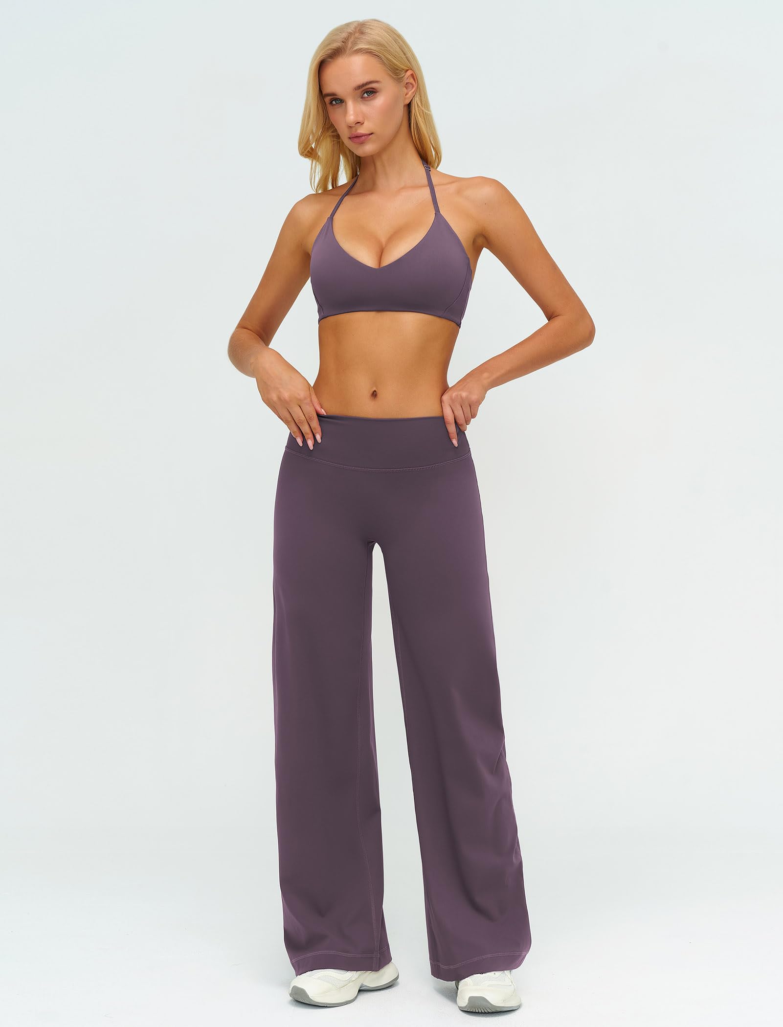 IDOPIP Sport-Set Damen Neckholder Zweiteiler: Rückenfrei Gym Set V-Ausschnitt Yogahose mit geradem Bein - Sportanzug für Fitness Yoga Pilates Workout