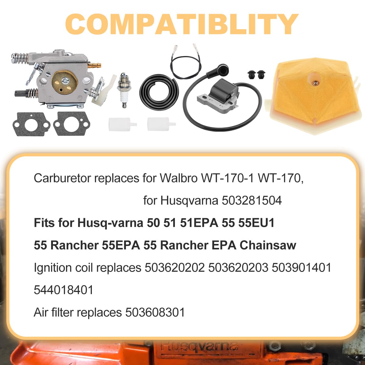 ZAMDOE Carburatore Bobina di accensione per Husqvarna 51 55 Rancher 51EPA 55 55EU1 55 Rancher 55EPA EPA Motosega WT-170-1 WT-170 503281504 503620203