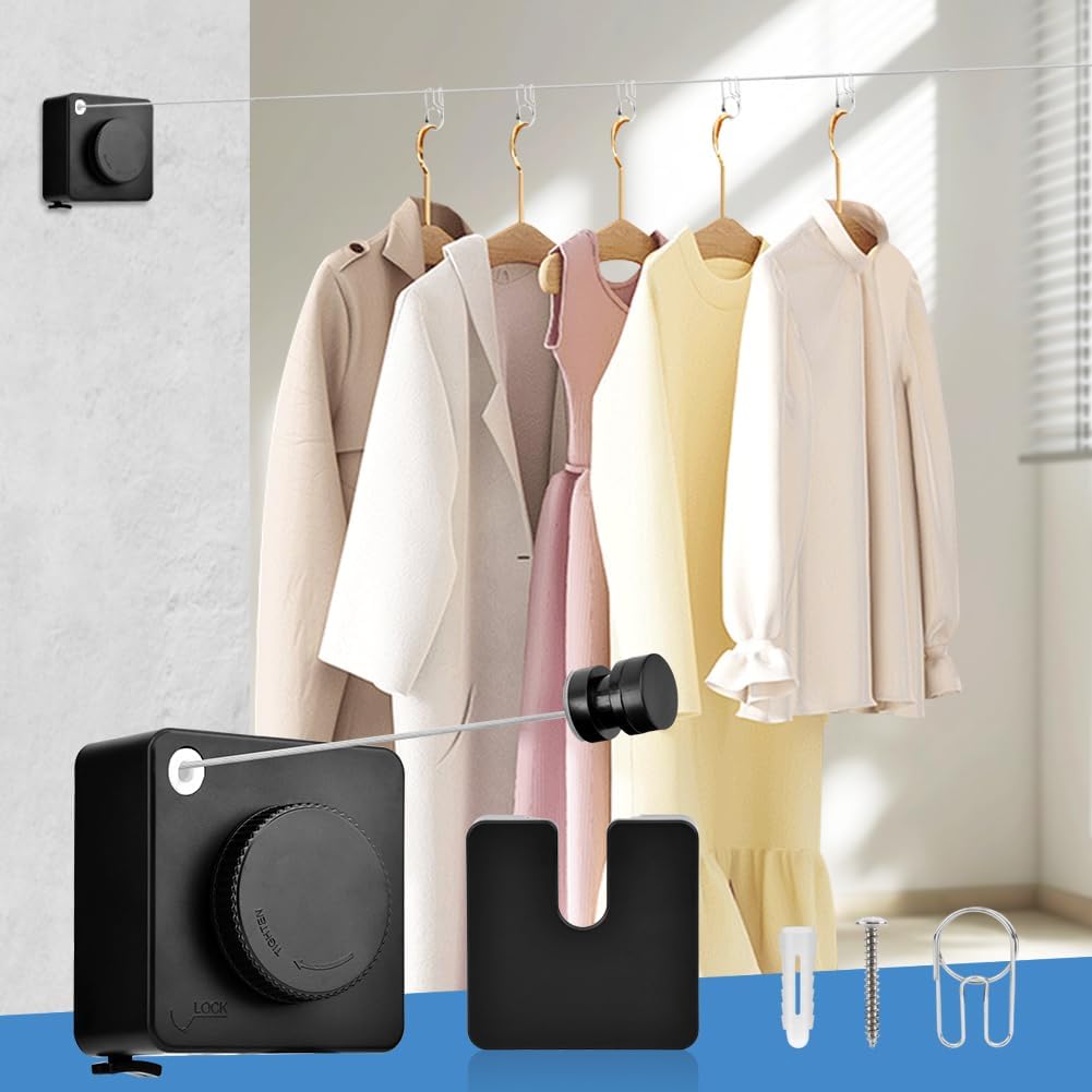15.7Ft Retractable Clothesline Indoor,Non-Sagging Outdoor Clothesline Retracting,Heavy Duty Retractable Clothes Drying Laundry Line,Wall Mounted Stainless Steel Line with 12 Clips(Color:Black)