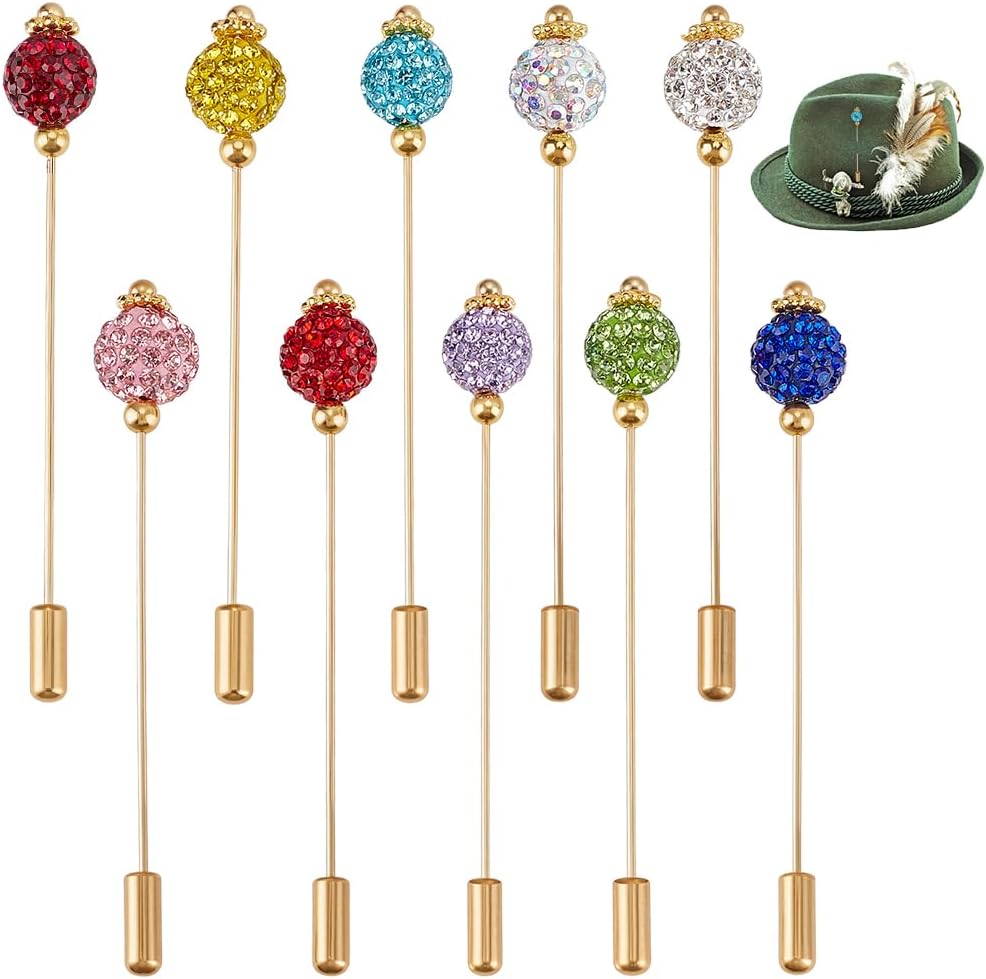 BENECREAT 10 Colors Rhinestone Beads Hat Pins, 3inch Long Brass Lapel Pins, Elegant Hair Suit Pins for Women Brooches Decorative Tie Hats Scarf DIY Crafts Jewelry