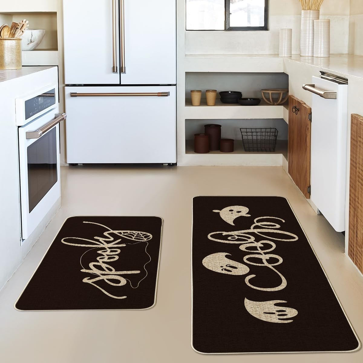Artoid Mode Spooky Spider Web Gosts Boo Decorative Kitchen Mats Set of 2, Seasonal Halloween Holiday Party Low-Profile Floor Mat for Home Kitchen - 17x29 and 17x47 Inch