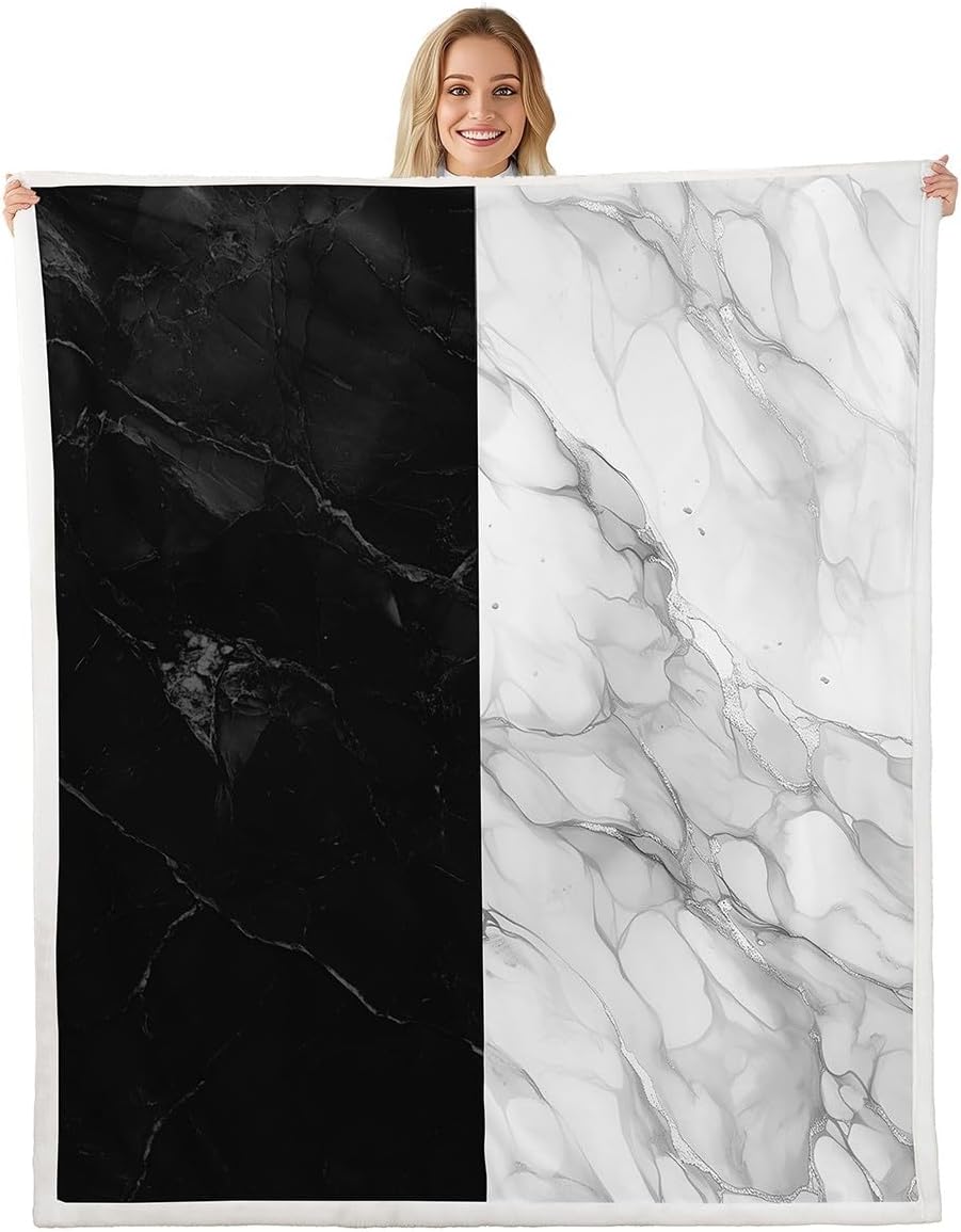 Marble Texture Fleece Blanket,Black White Abstract Stone Marble Print Bed Blanket for Kids Teens,Watercolor Striped Patchwork Aesthetic Flannel Blanket for Room Decor,Queen 90"x90"