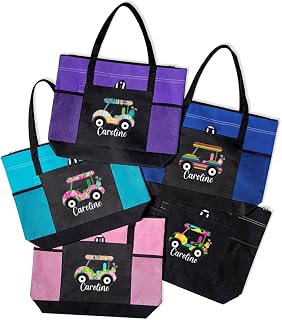 callie Personalized Canvas Tote Bag for Women, Custom Tee and Club Flower Grass Pattern, Sport Gift for Golf Lover