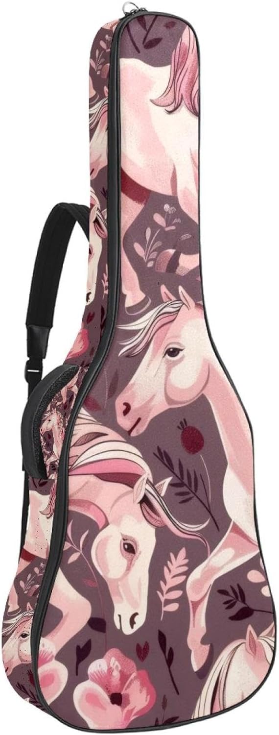 40 41 42 Inch Guitar Bags, Waterproof Padded Acoustic Guitar Case Backpack with Adjustable Shoulder Strap & Pockets, Pink Horses and Flowers