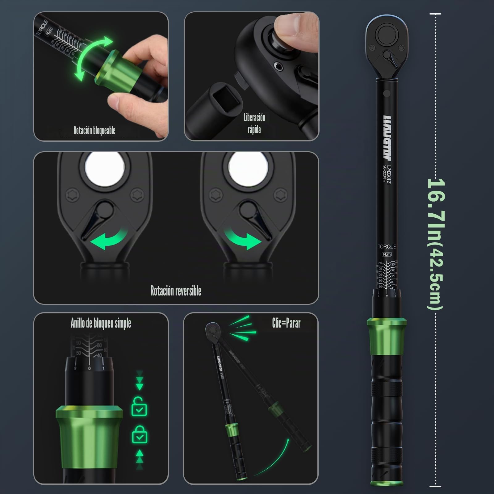 Llave dinamométrica 1/2" | Rango 20–220 Nm | Precisión ±3% | Cabezal Reversible de 72T Llave Dinamométrica para Coche, Camión, Moto