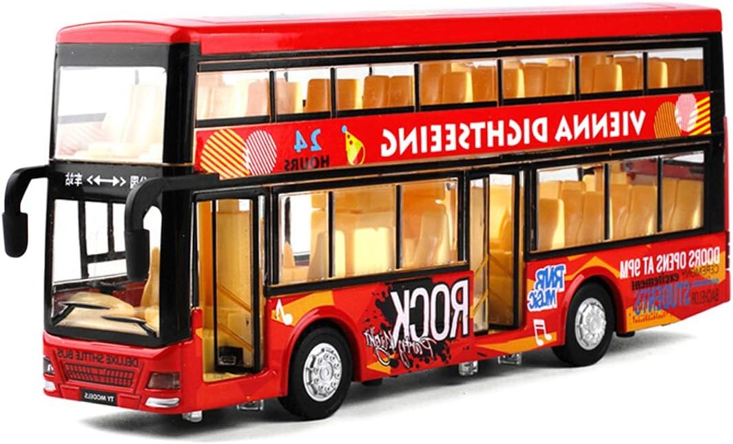 US1984 Die-Cast Double Decker Metal Bus 7.5 inch Luxury Bus 4 Wheel Drive Metal Car Pull Back with 3 Openable Doors & Light, Music Great Gift for Boys and Girls- Red