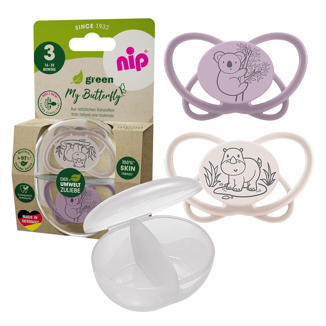 Green Natural Eco-Friendly Butterfly Orthodontic Soother with Sterilizer Case 16-32M, 2pcs,Ultra-Light Silicone Pacifier,Perfect for Toddlers,Calms & Relaxes Babies,More Air flow,Made in Germany