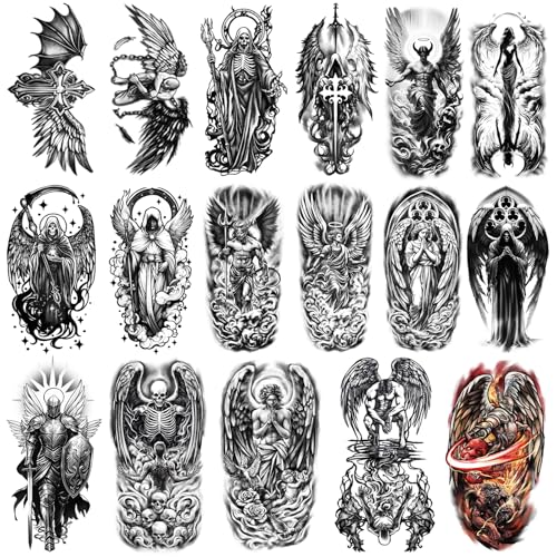 77 Sheets Temporary Tattoos for Adults and Kids, Angels and Demons Waterproof Fake Tattoos, Half Arm and Small Black Tattoo Stickers, Wings Cupid God Goddess Tattoo Design