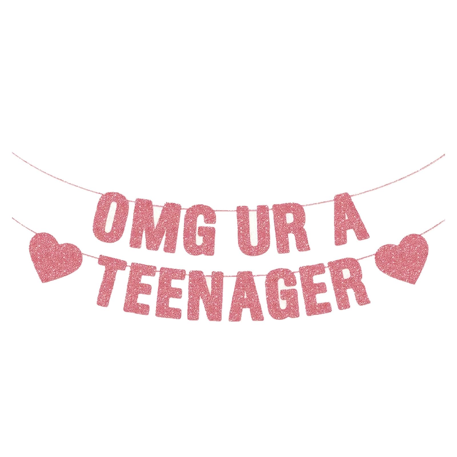 1 Pack OMG UR A TEENAGER 13th Birthday Banner, Rose Gold Glitter Happy Birthday Banner Pink, Bunting Decorations For Girls Teen Girl Decorations, Official Teenager Party Sign Supplies