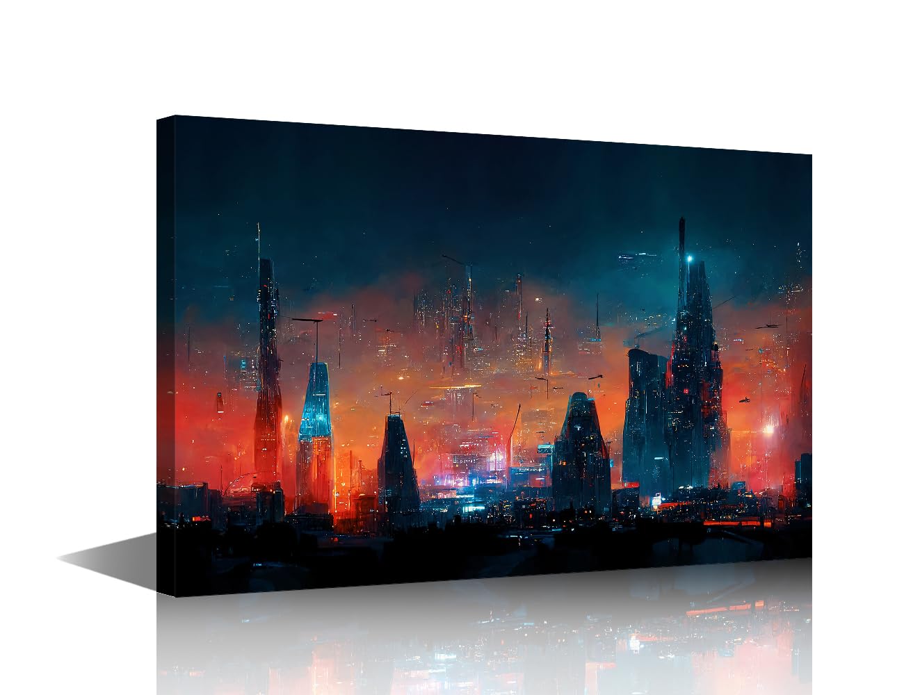 TISHIRON Canvas Wall Art House Decor Living Room Spectacular Nighttime Paintings Futuristic Cyberpunk Skyscrapers Flying Cars Pictures Canvas Prints Framed Ready to Hang 12x18 in