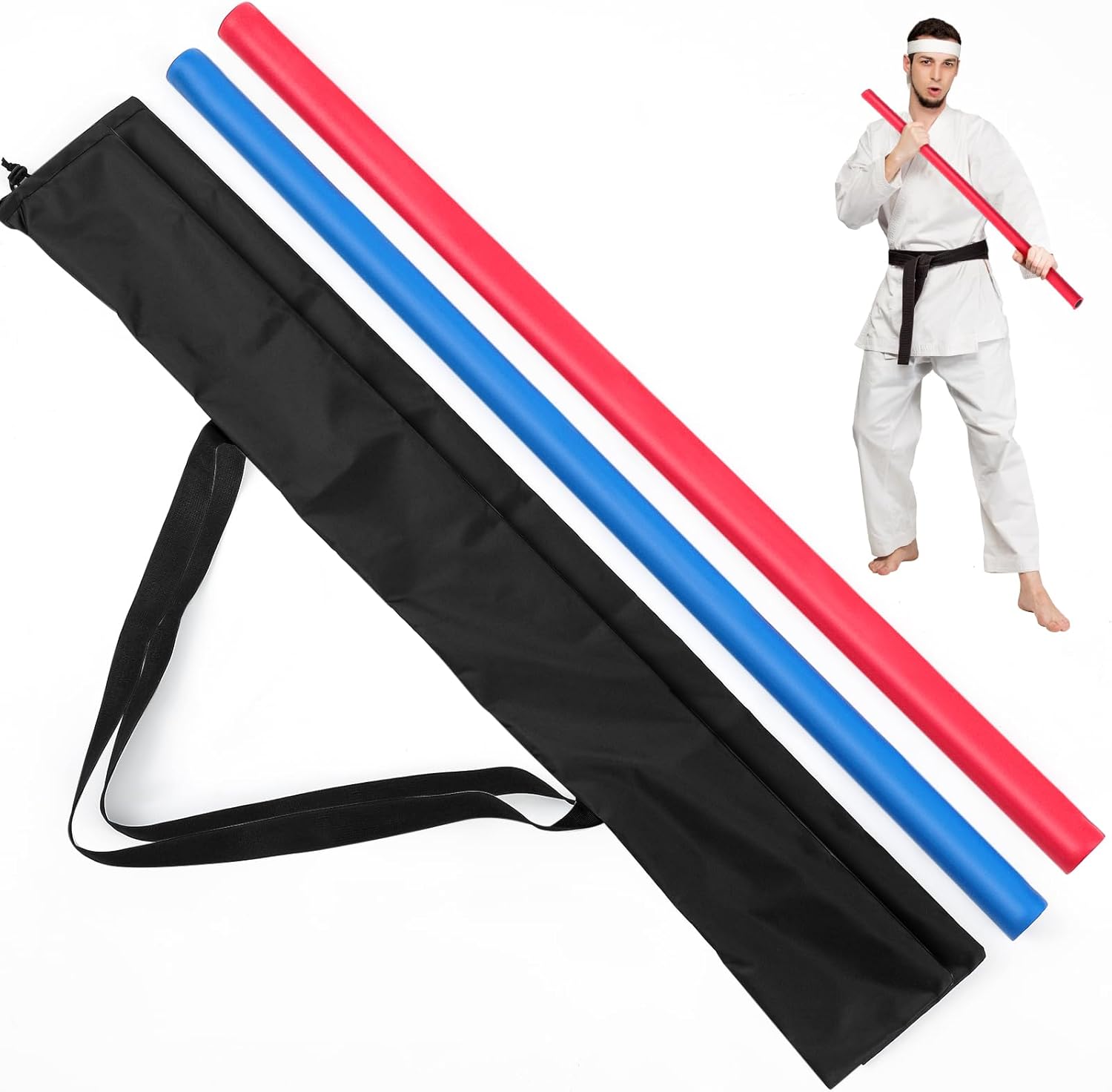 ShinyRelief 2 Pcs Foam Padded Sticks Martial Arts Training Stick, Foam Padded Practice Bar with Carrying Bag for Safe Practice Training Martial Arts and Karate Red and Blue 1.97 ft