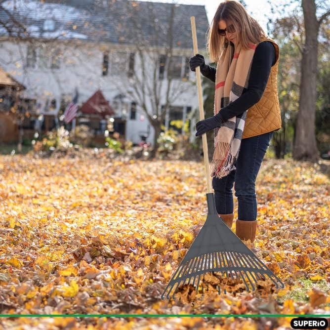 Miniatura 5 de Superio Rastrillo para adultos con mango de madera dura, cabeza de plástico duradero para barrer hojas en el césped y ordenar el jardín, 61 pulgadas