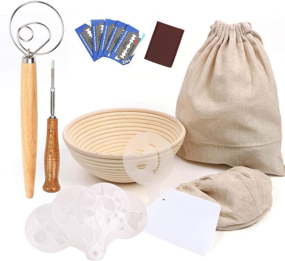 QUIENKITCH Bread Proofing Basket Set, 9" Round Rattan Basket with Liners- Includes Storage Bag & Scoring Lame & Dough Whisk & Scraper & Stencils for Professional & Home Baker