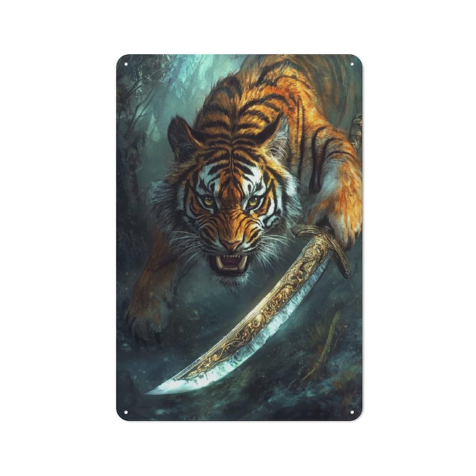 Character Decorative Tin Plaque 30x20cm Featuring Tiger with Sword in Jungle, Home Wall Decor for Flat, Dorm Room, Lounge Or Cafe
